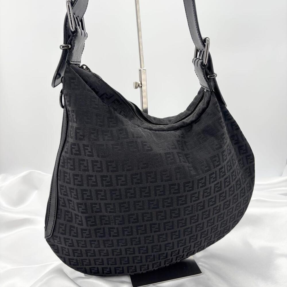 Fendi Zucchino Hobo Bag Canvas Leather Black
